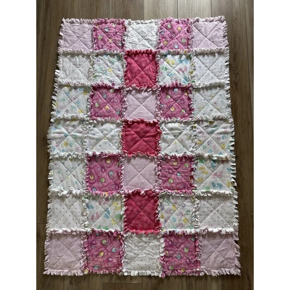 Handmade Baby Rag Quilt Blanket Pink Flannel Patchwork Lovey 35x50